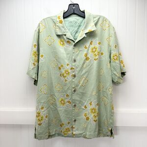 Tommy Bahama 100% Silk Button Up Shirt Sz Large Green Floral Short Sleeve *Spot